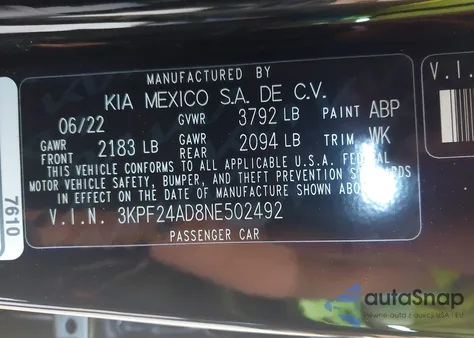 2022 Kia Forte Lxs из США, поврежденный, VIN 3KPF24AD8NE502492